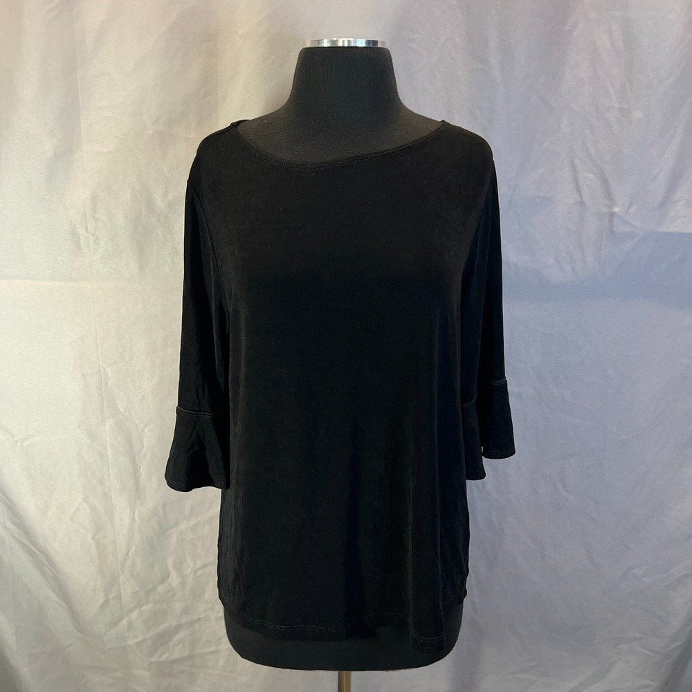 Chico's Travelers Blouse Top Womens 12 Black Stretch Bell Sleeves Boat Neck